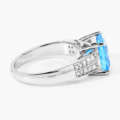 3.40 Ct Cushion Swiss Blue Topaz and Lab Diamond Prong Silver Pave Bridge Ring