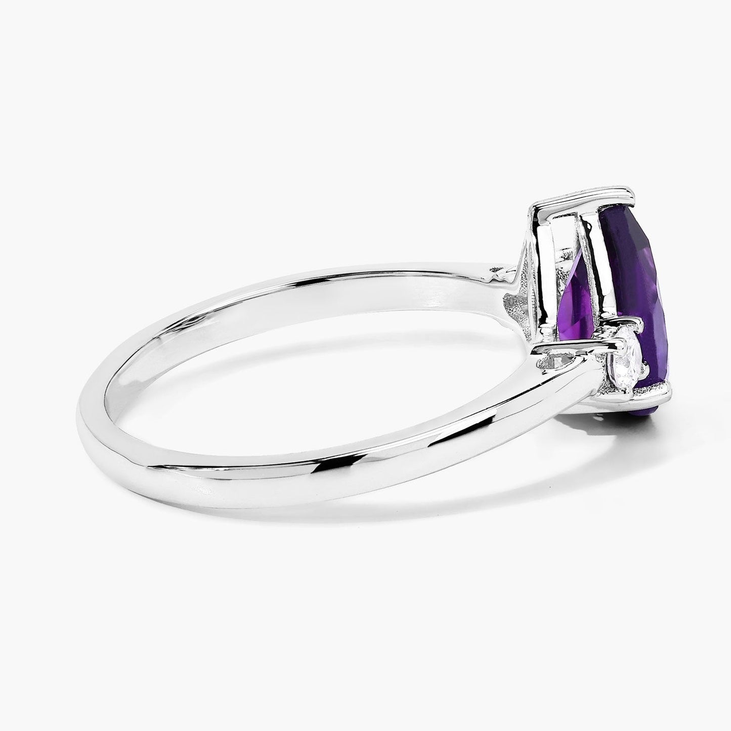 1.15 Ct Pear Purple Amethyst and Lab Diamond Prong Silver Three Stone Ring