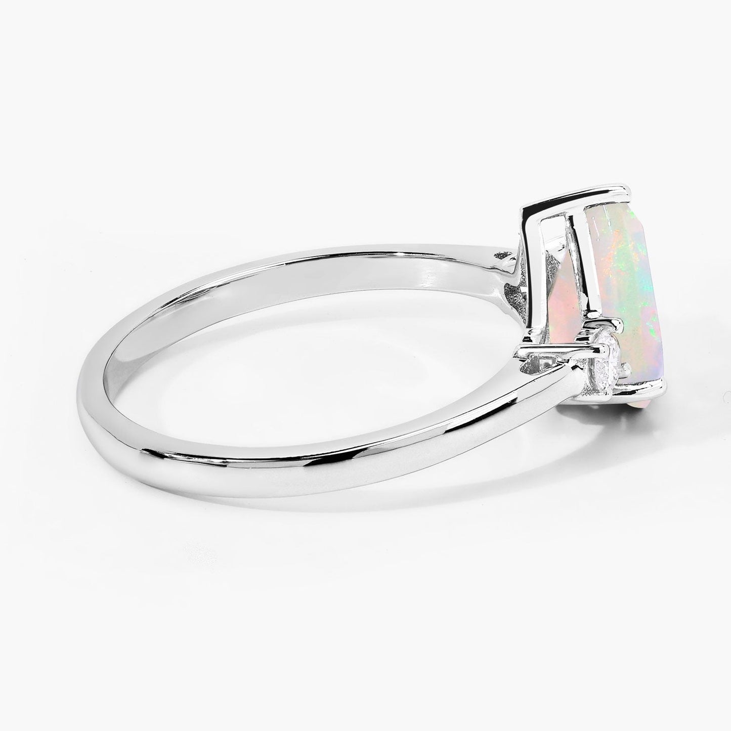 0.90 Ct Pear White Ethiopian Opal and Lab Diamond Prong Silver Three Stone Ring