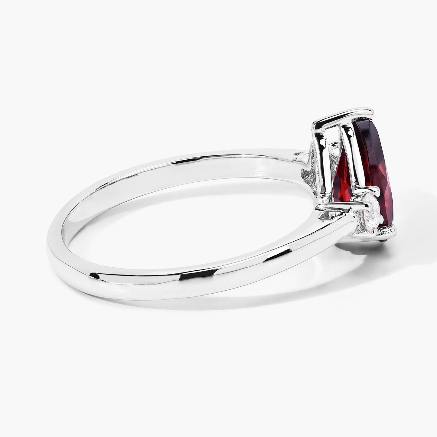 1.30 Ct Pear Red Mozambique Garnet and Lab Diamond Prong Silver Three Stone Ring