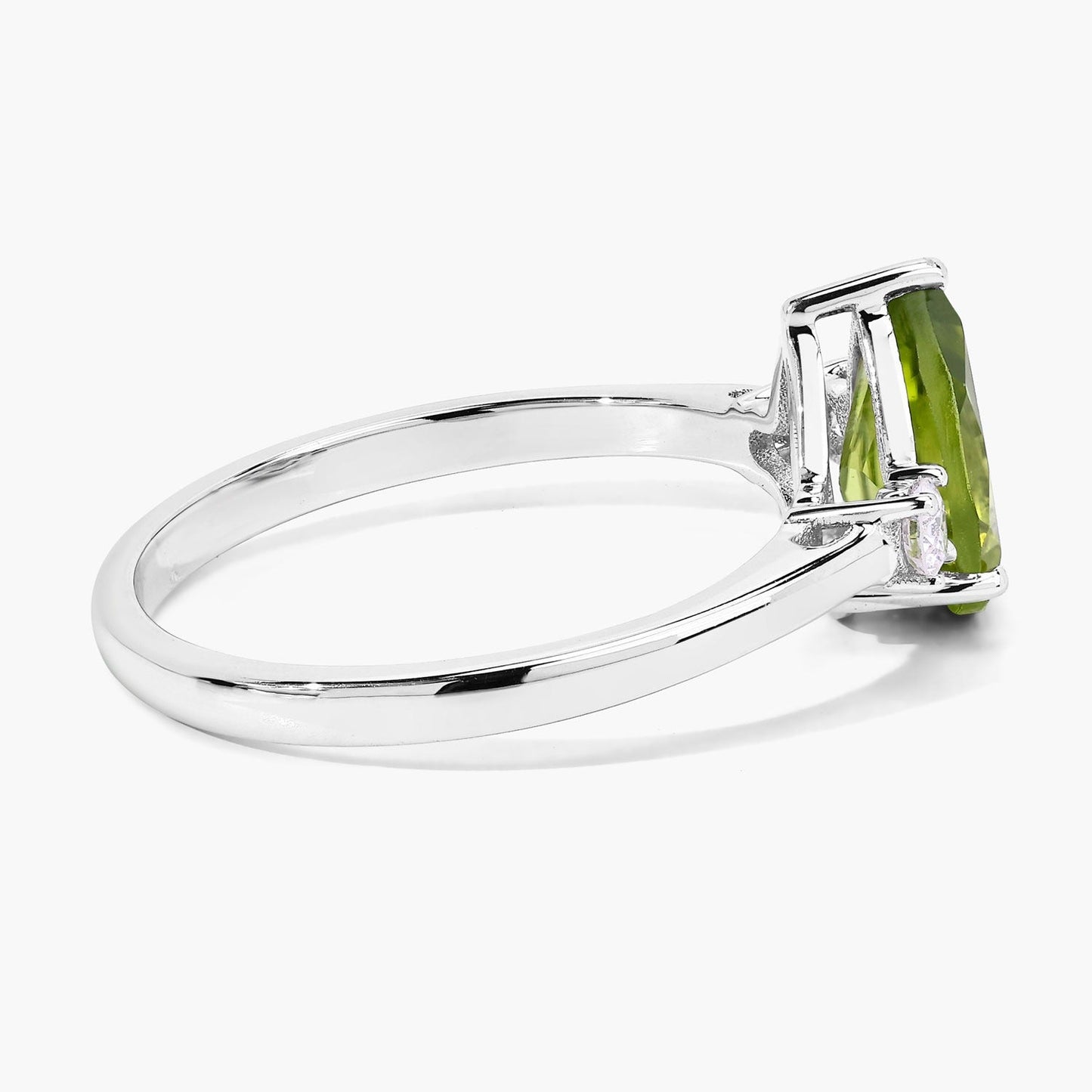 1.10 Ct Pear Green Peridot and Lab Diamond Prong Silver Three Stone Ring