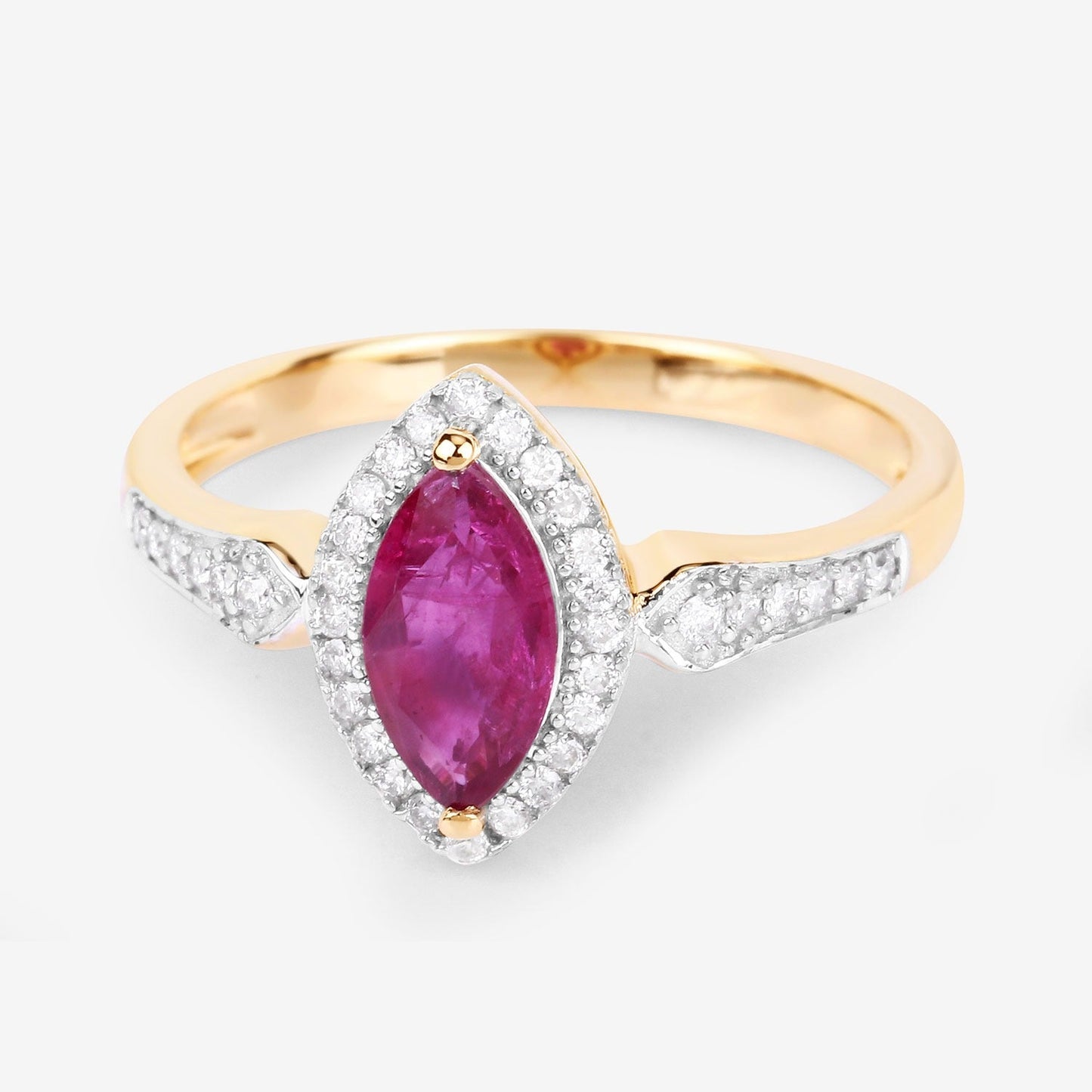 0.79 Ct Marquise Pink Ruby & White Diamond Prong 14K Yellow Gold Halo Ring