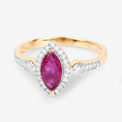 0.79 Ct Marquise Pink Ruby & White Diamond Prong 14K Yellow Gold Halo Ring