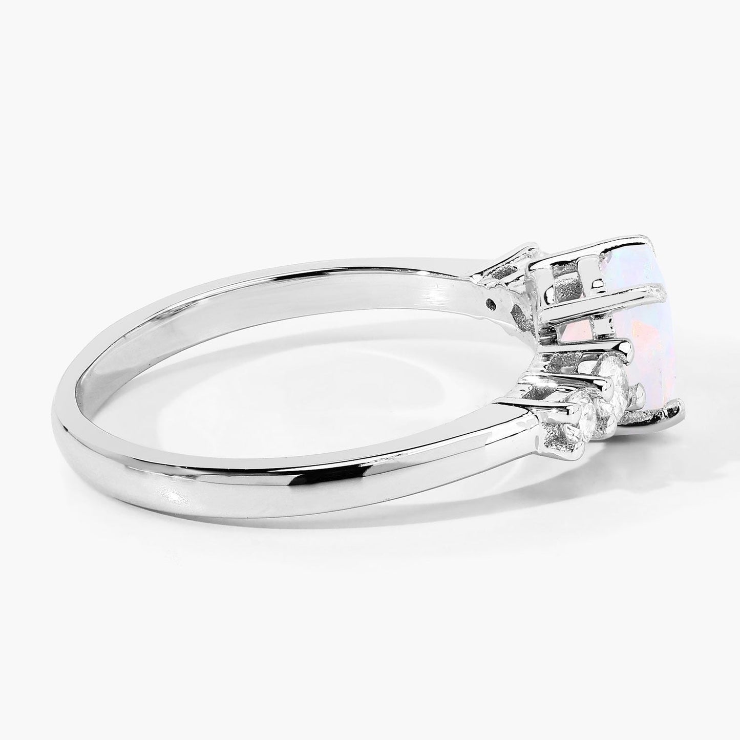 0.60 Ct Round White Ethiopian Opal and Lab Diamond Silver Prong Five Stone Ring