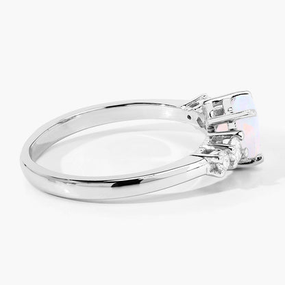 0.60 Ct Round White Ethiopian Opal and Lab Diamond Silver Prong Five Stone Ring