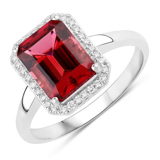 2.60 Ct Octagon Red Genuine Rubellite Diamond Prong 14K Gold Halo Ring