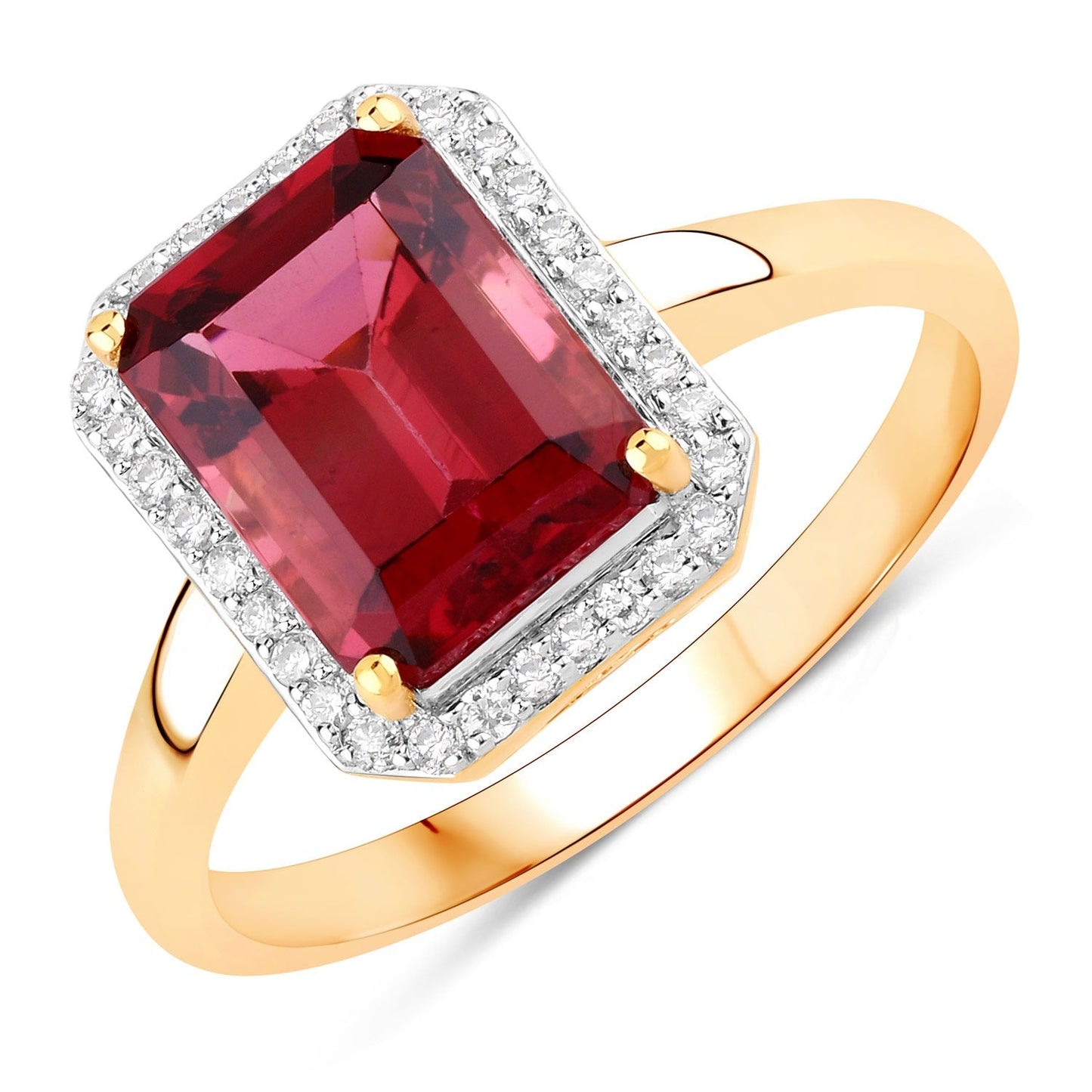 2.60 Ct Octagon Red Genuine Rubellite Diamond Prong 14K Gold Halo Ring