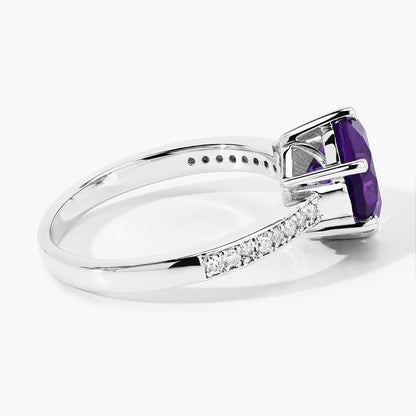 2.40 Ct Round Purple Amethyst and Lab Diamond Prong Silver Pave Bridge Ring