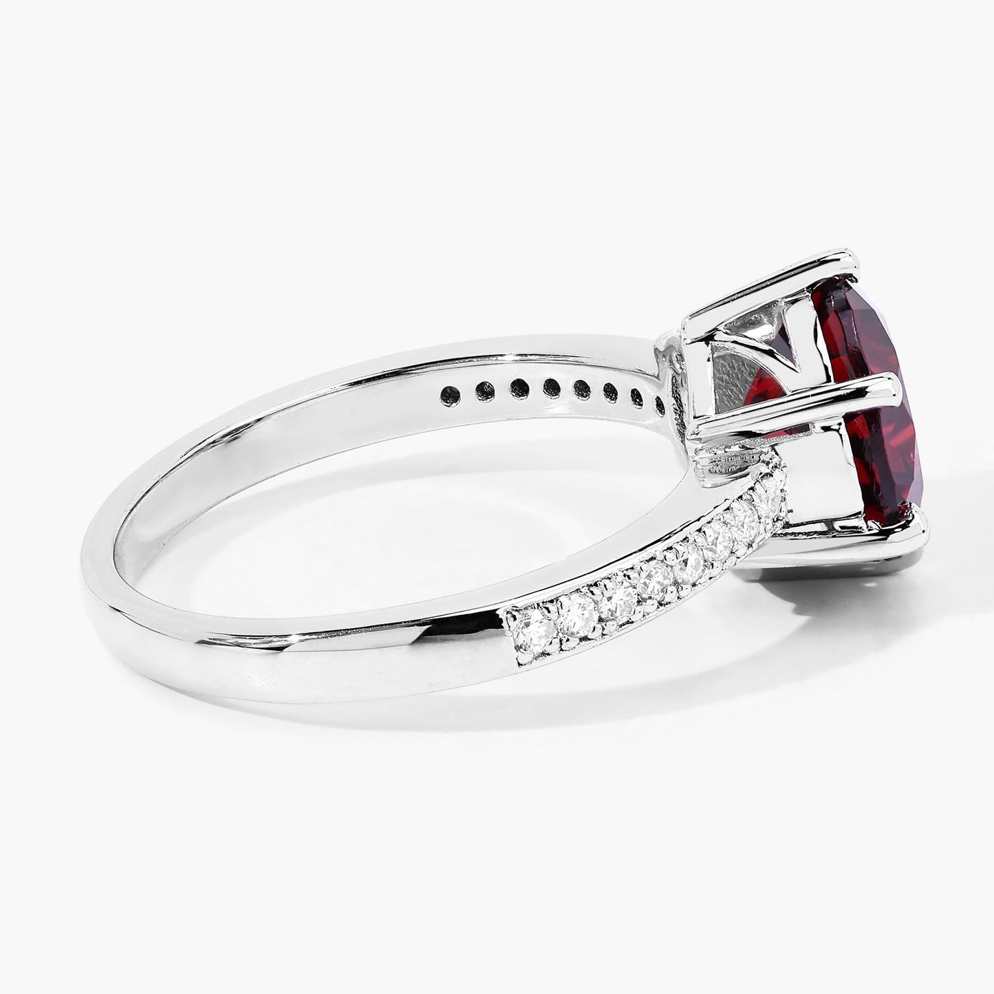 3.25 Ct Round Red Mozambique Garnet and Lab Diamond Prong Silver Pave Bridge Ring