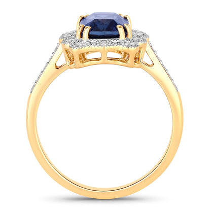 3.21 Ct Cushion Ceylon Blue Sapphire and White Diamond Prong 18K Gold Pave Halo Statement Ring