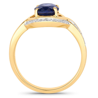 2.37 Ct Oval Ceylon Blue Sapphire and White Diamond Prong 18K Yellow Gold Pave Halo Statement Ring
