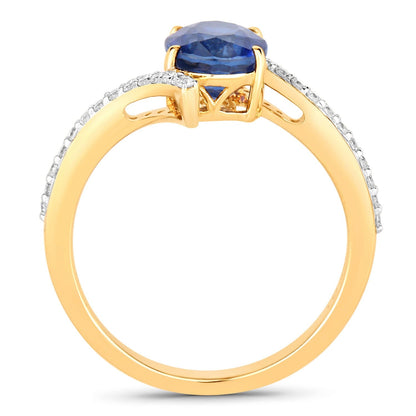 2.42 Ct Oval Ceylon Blue Sapphire and White Diamond Prong 18K Yellow Gold Pave Bypass Ring