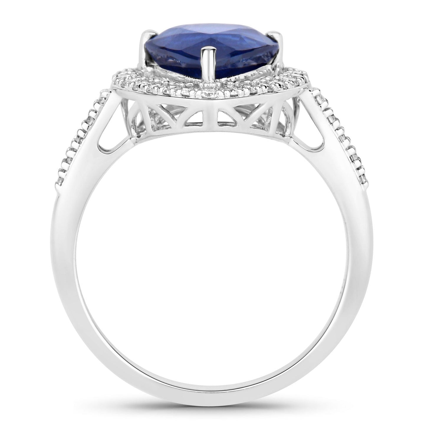 3.47 Ct Pear Ceylon Blue Sapphire and White Diamond Prong 18K White Gold Pave Halo Statement Ring