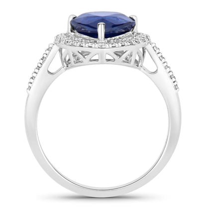 3.47 Ct Pear Ceylon Blue Sapphire and White Diamond Prong 18K White Gold Pave Halo Statement Ring
