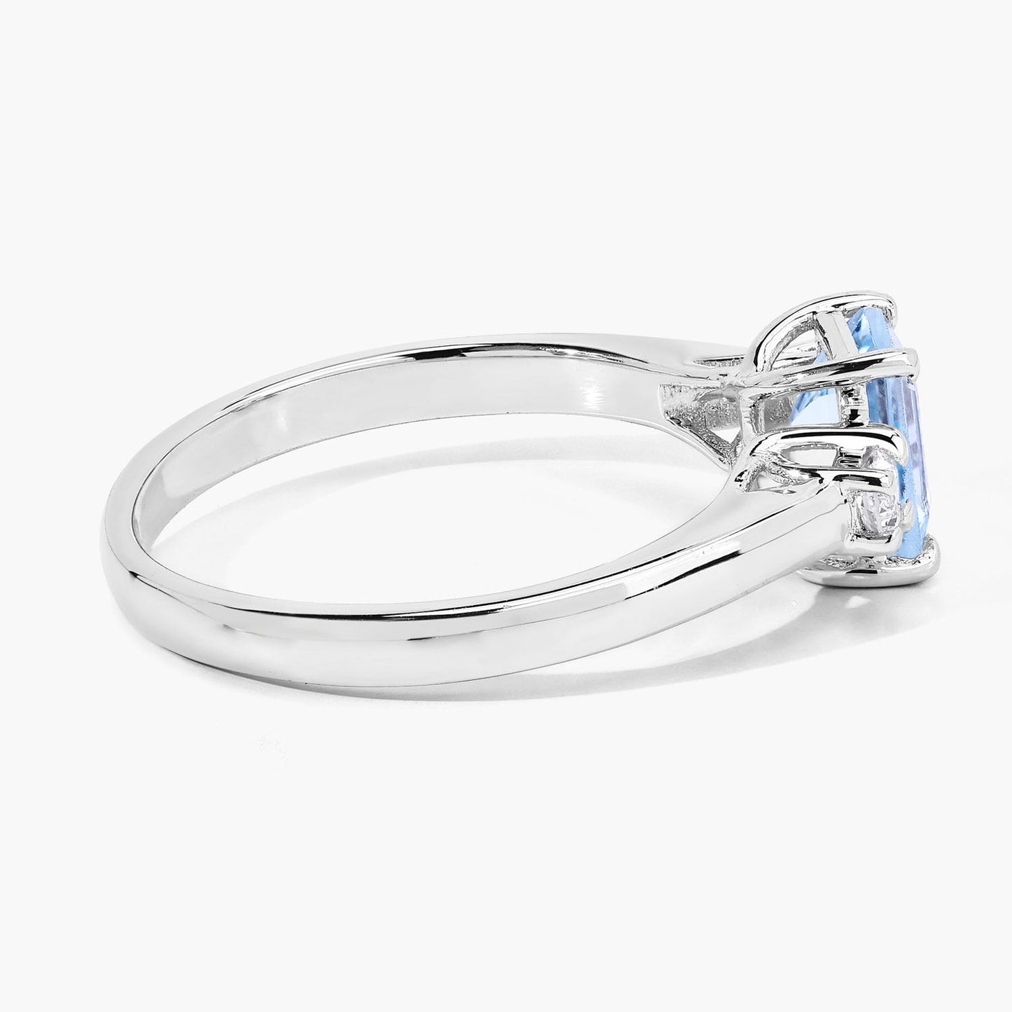 0.80 Ct Octagon Blue Aquamarine and Lab Diamond Prong Silver Three Stone Ring