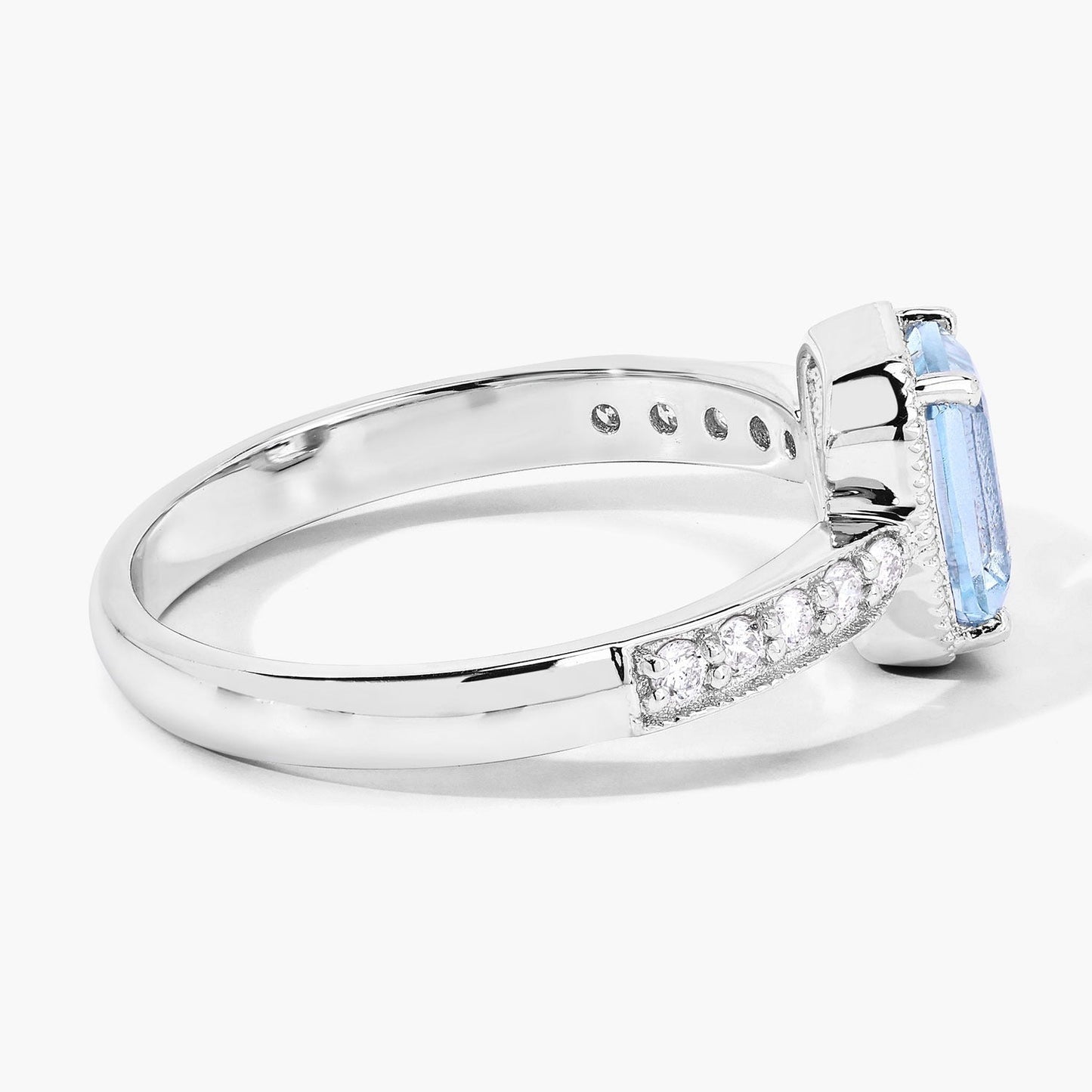 0.80 Ct Octagon Blue Aquamarine and Lab Diamond Prong Silver Pave Bridge Ring