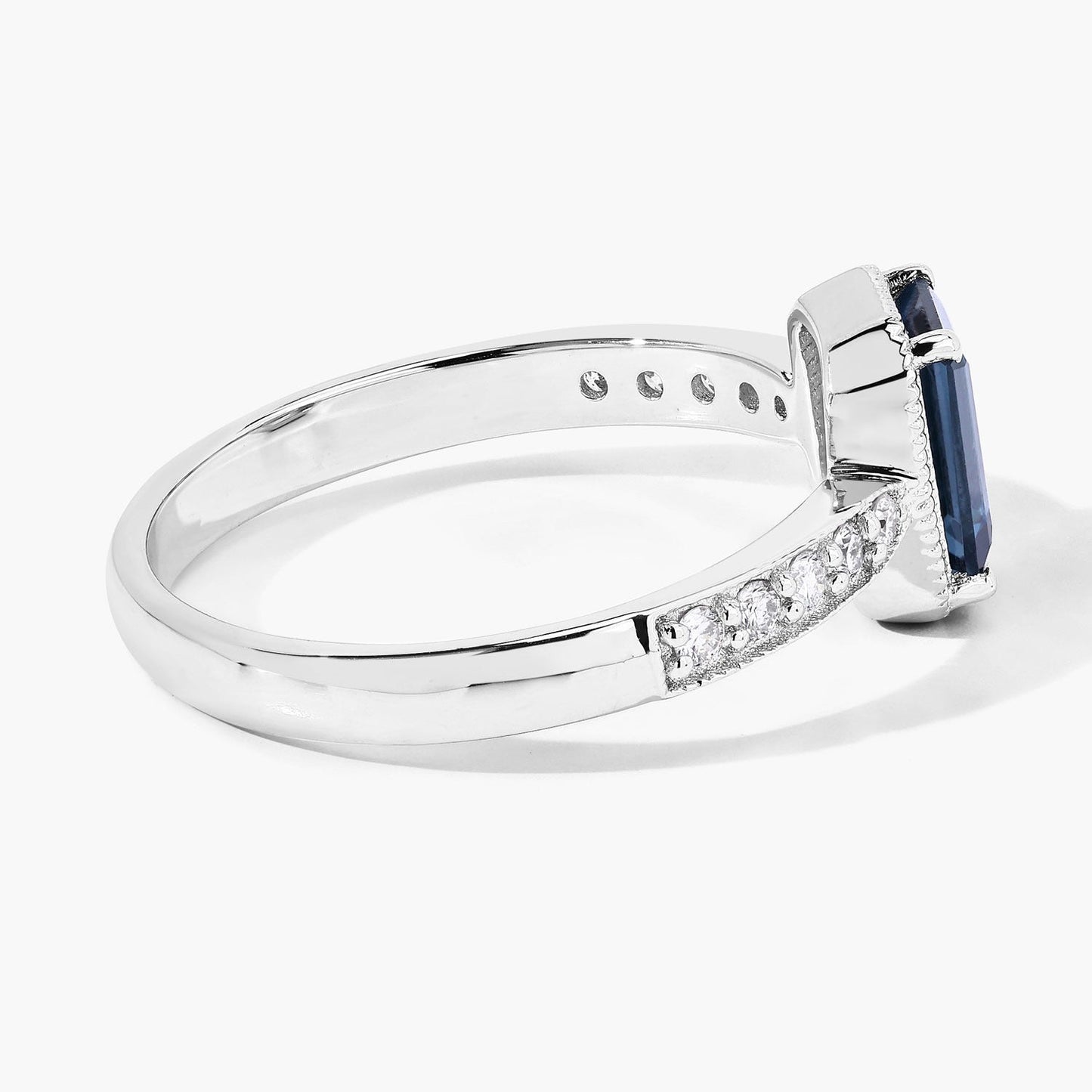 1.07 Ct Octagon London Blue Topaz and Lab Diamond Prong Silver Pave Bridge Ring