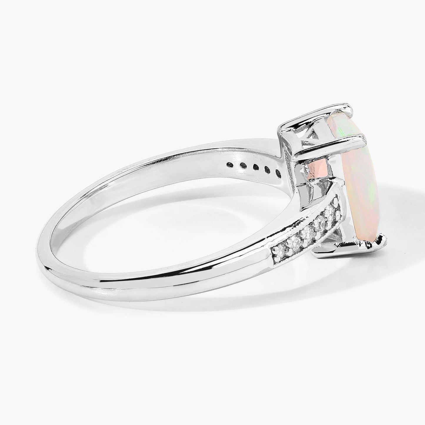 1.05 Ct Octagon White Ethiopian Opal and Lab Diamond Prong Silver Pave Bridge Ring