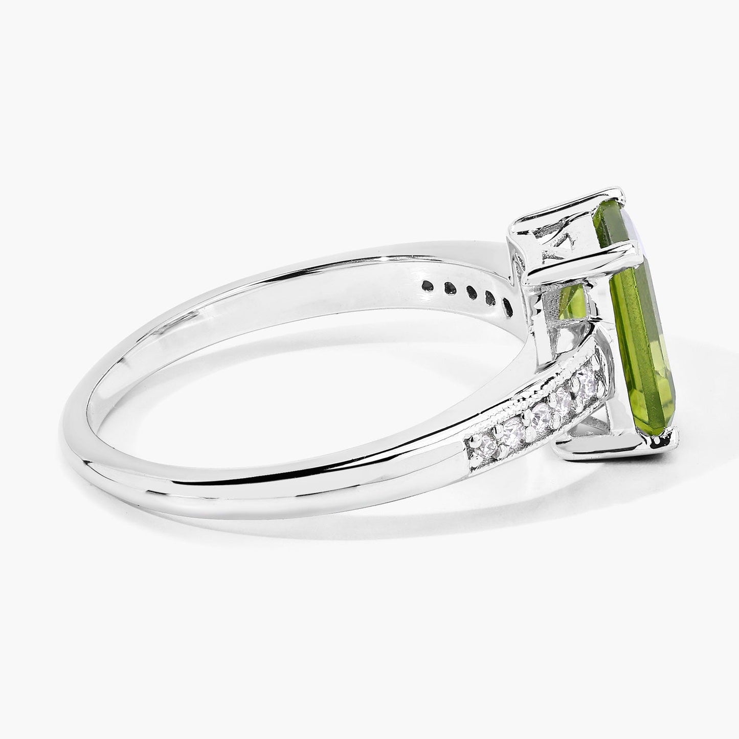 1.60 Ct Octagon Green Peridot and Lab Diamond Prong Silver Pave Bridge Ring