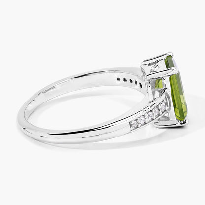 1.60 Ct Octagon Green Peridot and Lab Diamond Prong Silver Pave Bridge Ring