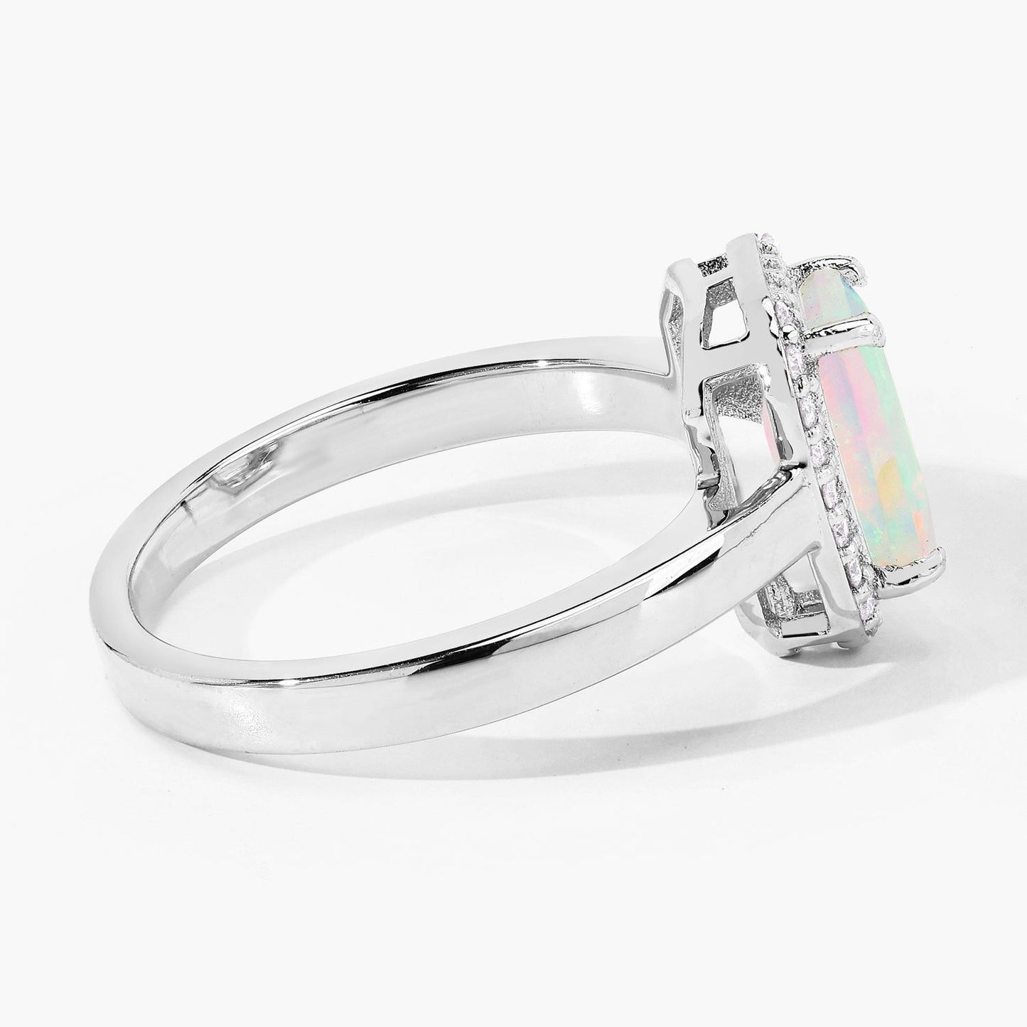 1.05 Ct Octagon Ethiopian Opal and Lab Diamond Prong Silver Halo Ring