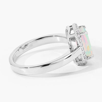 1.05 Ct Octagon Ethiopian Opal and Lab Diamond Prong Silver Halo Ring
