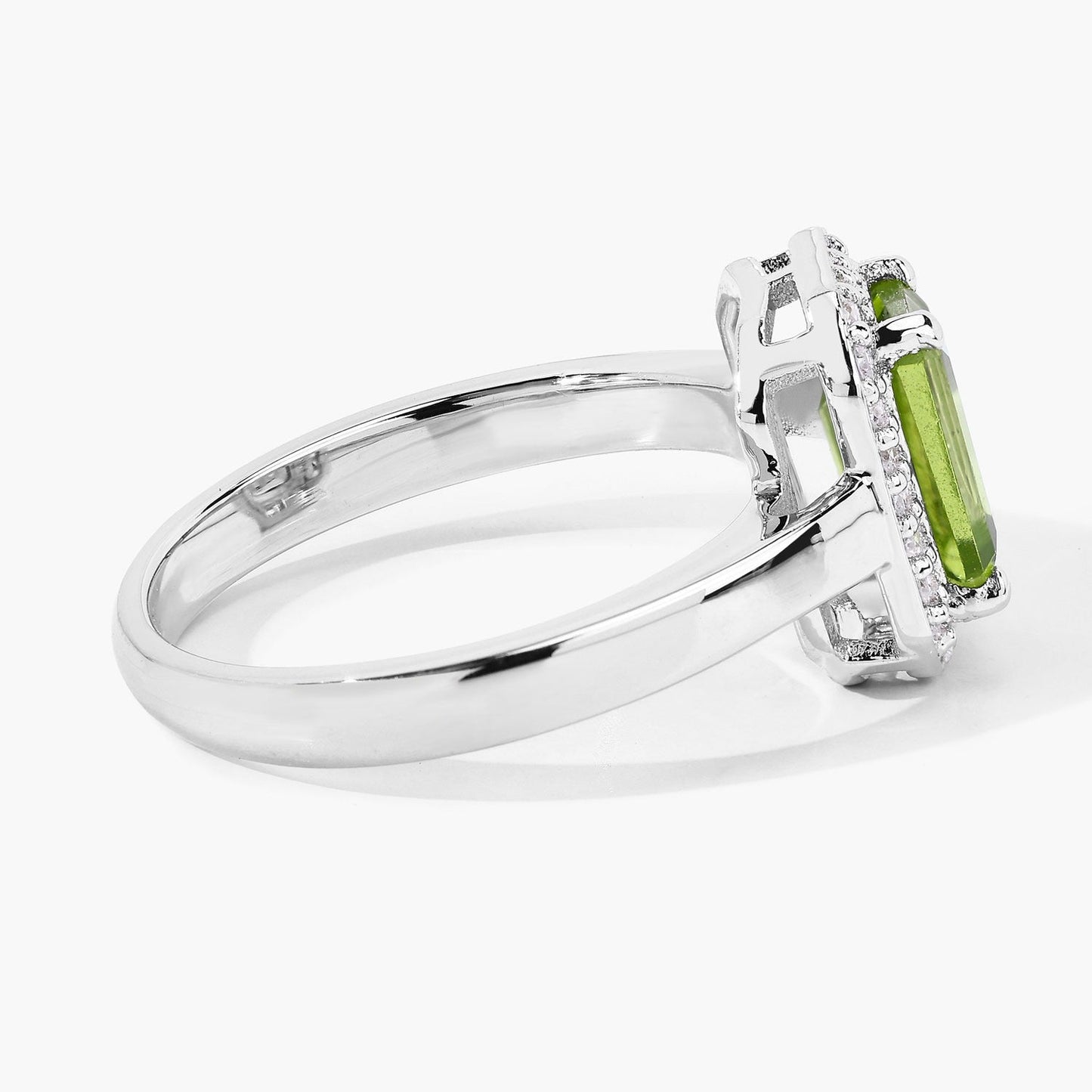 3.36 Ct Octagon Green Peridot and Lab Diamond Prong Silver Halo Engagement Ring