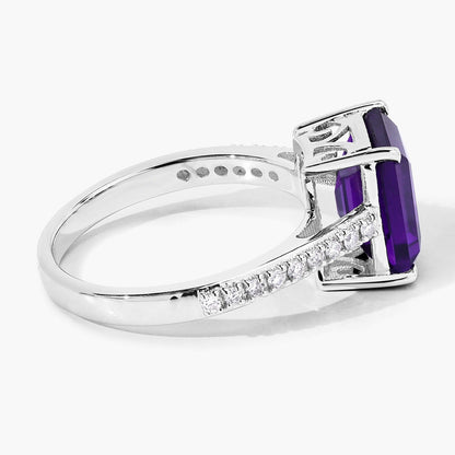 3.25 Ct Octagon Purple Amethyst and Lab Diamond Prong Silver Pave Bridge Ring