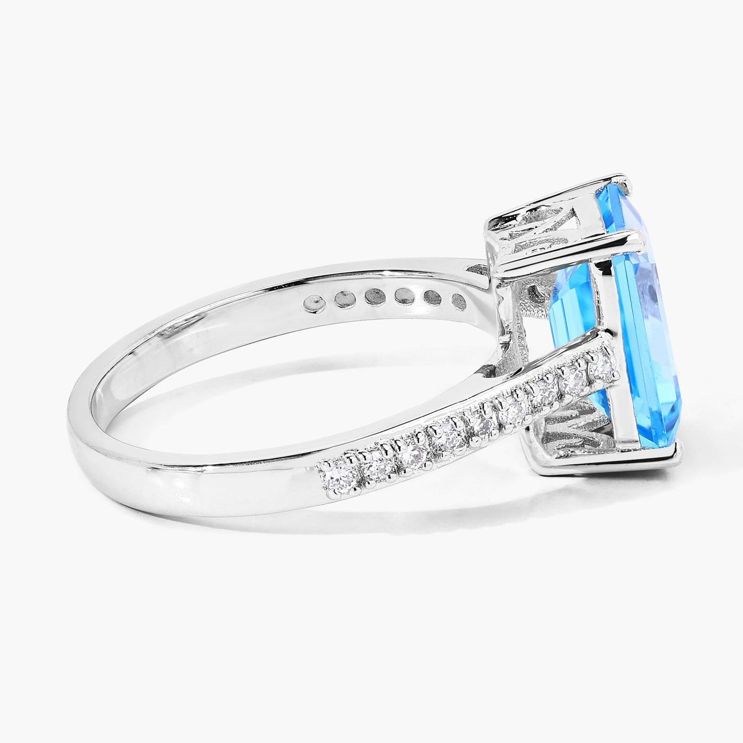 3.89 Ct Octagon Swiss Blue Topaz & Lab Diamond Prong Silver Pave Bridge Ring