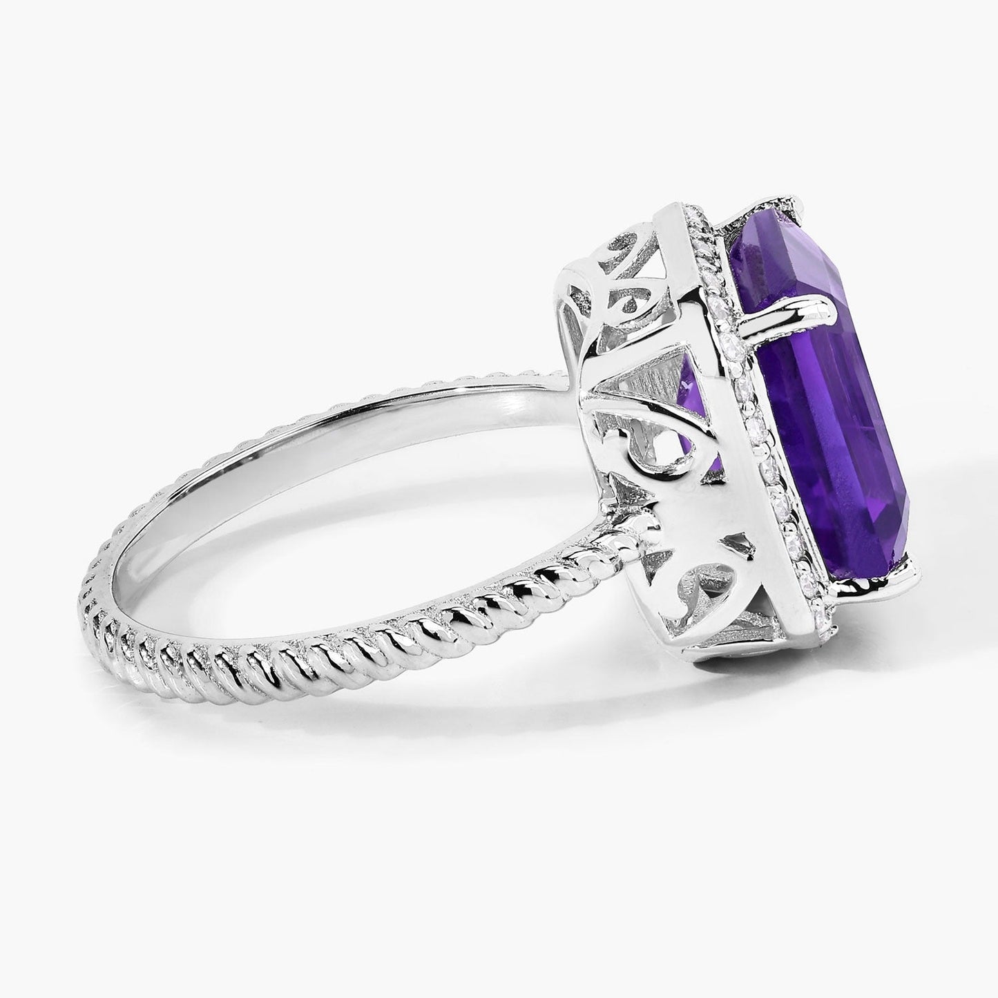 3.80 Ct Octagon Purple Amethyst and Lab Diamond Prong Silver Halo Ring