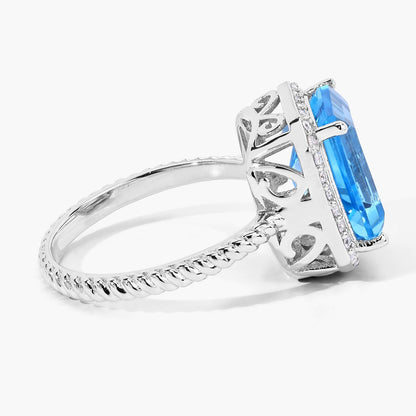 5.45 Ct Octagon Swiss Blue Topaz and Lab Diamond Prong Silver Halo Ring