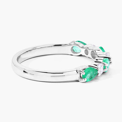 0.56 Ct Pear Green Zambian Emerald & Lab Diamond Prong Silver Seven Stone Half Eternity Ring