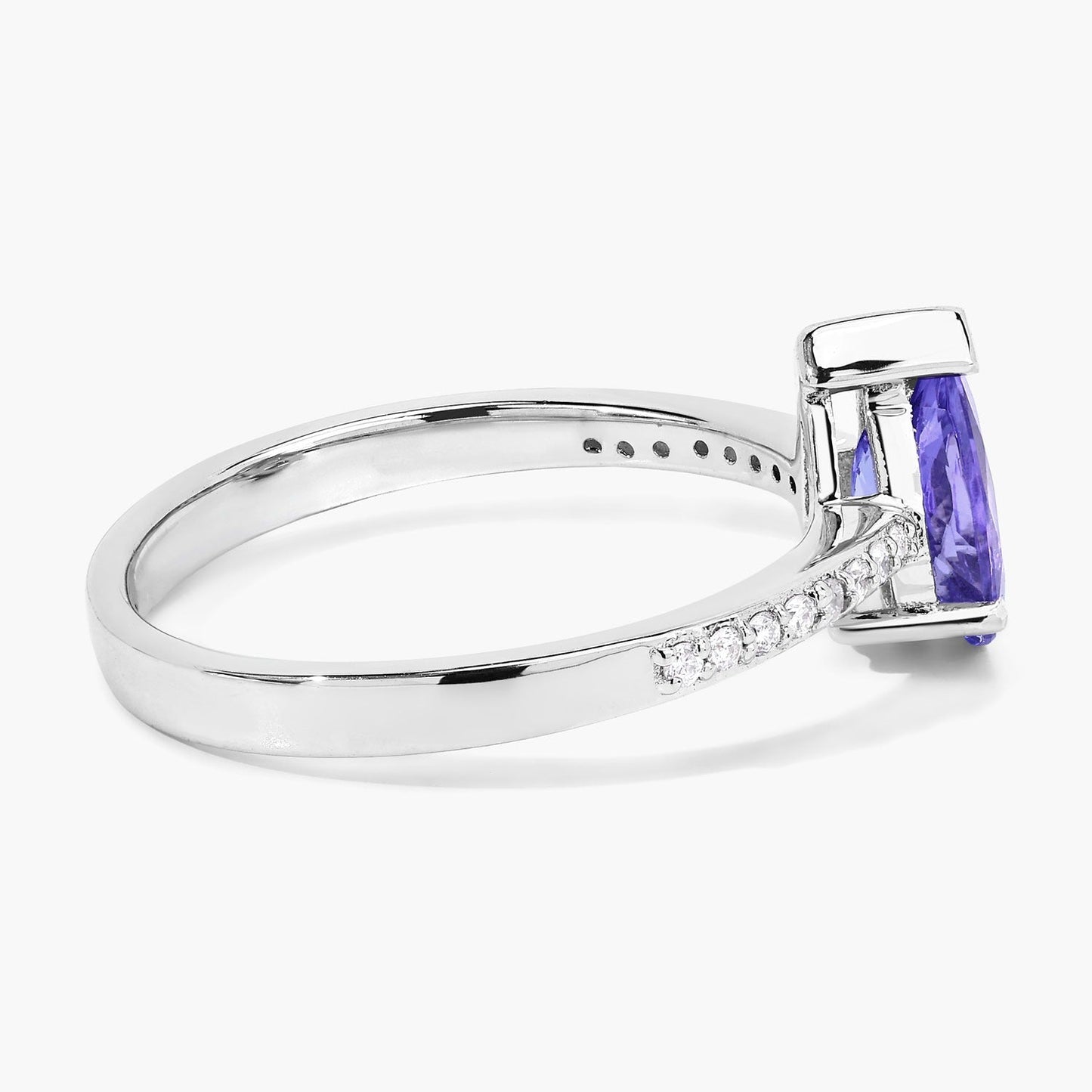 0.78 Ct Pear Violet Tanzanite and Lab Diamond V-Prong Silver Pave Bridge Ring