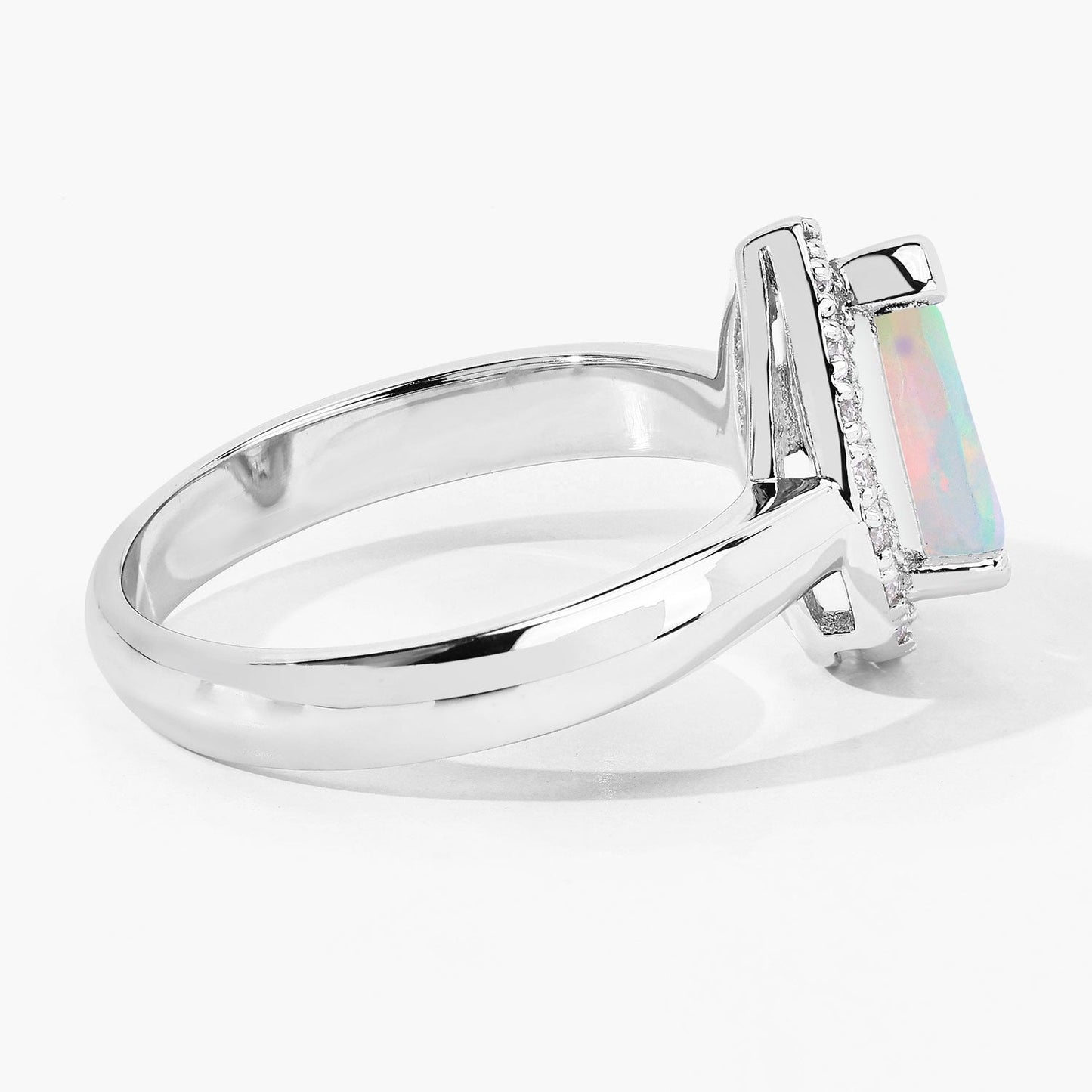 0.90 Ct Teardrop White Ethiopian Opal and Lab Diamond Prong Silver Halo Ring