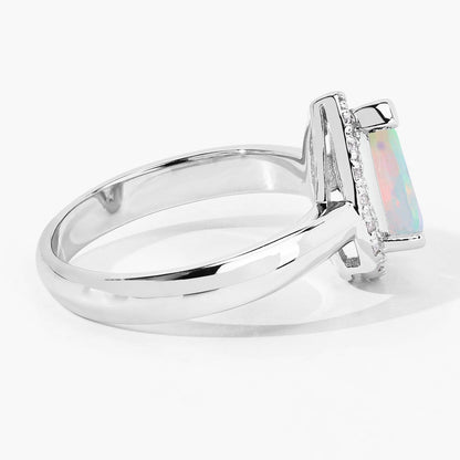 0.90 Ct Teardrop White Ethiopian Opal and Lab Diamond Prong Silver Halo Ring