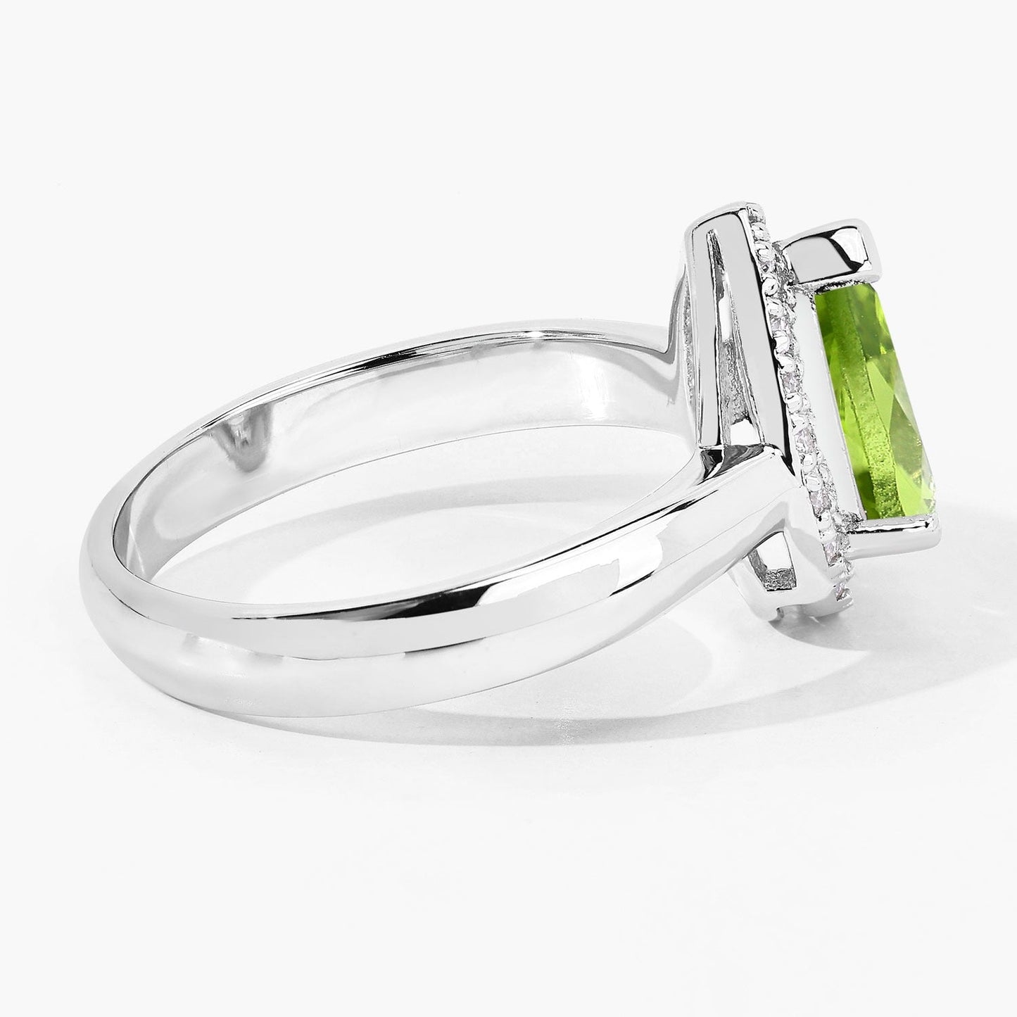 1.10 Ct Pear Green Peridot & Lab Diamond Prong Silver Halo Engagement Ring