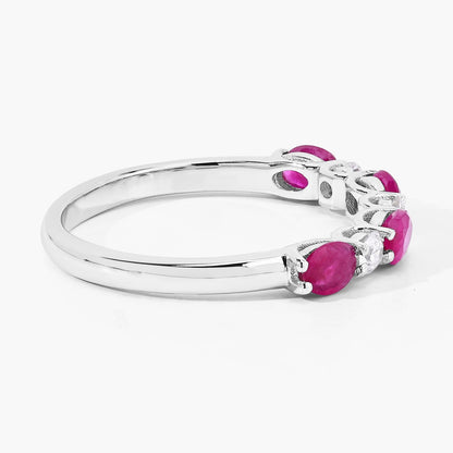 0.80 Ct Oval Pink Ruby & Lab Diamond Prong Silver Half Eternity Seven Stone Ring
