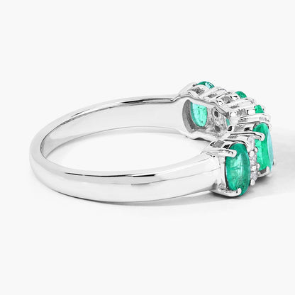 0.95 Ct Oval Green Zambian Emerald & Lab Diamond Prong Silver Half Eternity Band Five Stone Ring