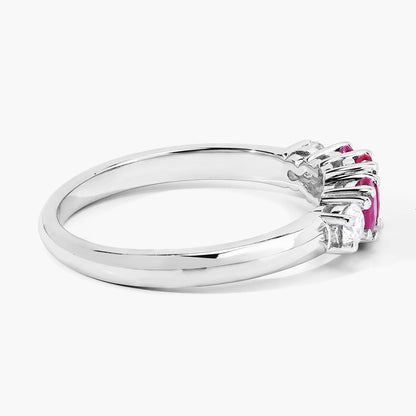 0.62 Ct Oval Pink Ruby & Lab Diamond Prong Silver Graduated Five Stone Ring