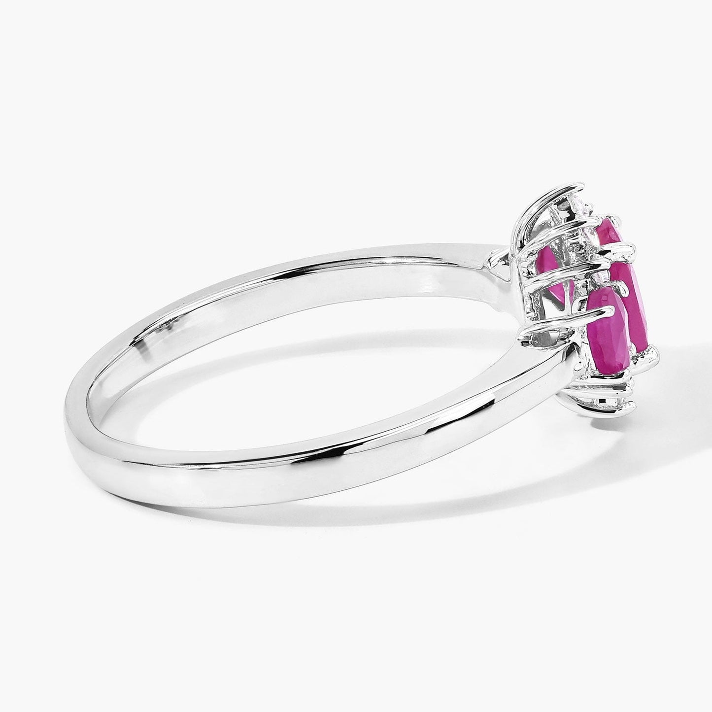 0.92 Ct Oval Pink Mozambique Ruby and Lab Diamond Prong Silver Three Stone Cocktail Ring