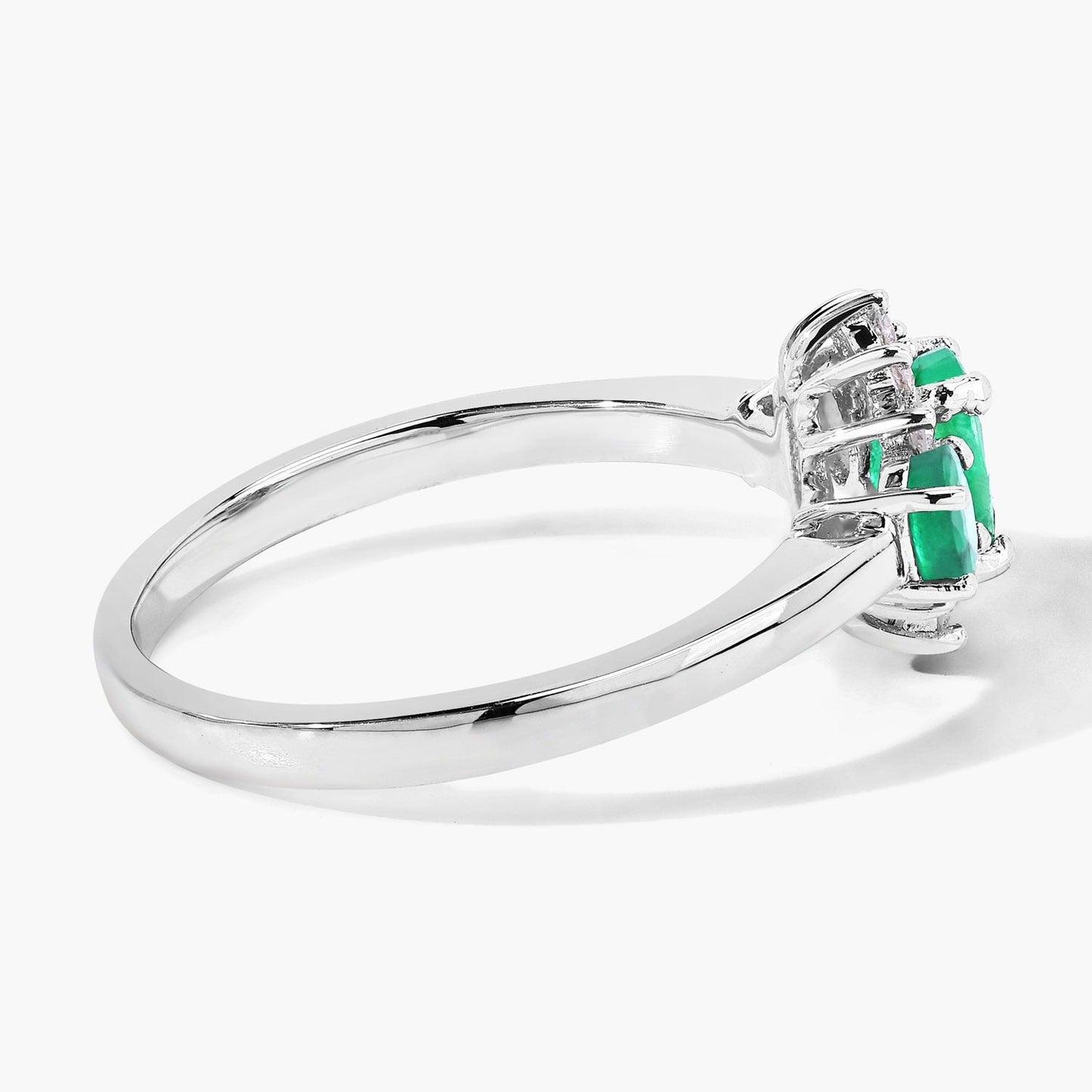 0.74 Ct Oval Green Zambian Emerald & Lab Diamond Prong Silver Three Stone Cocktail Ring