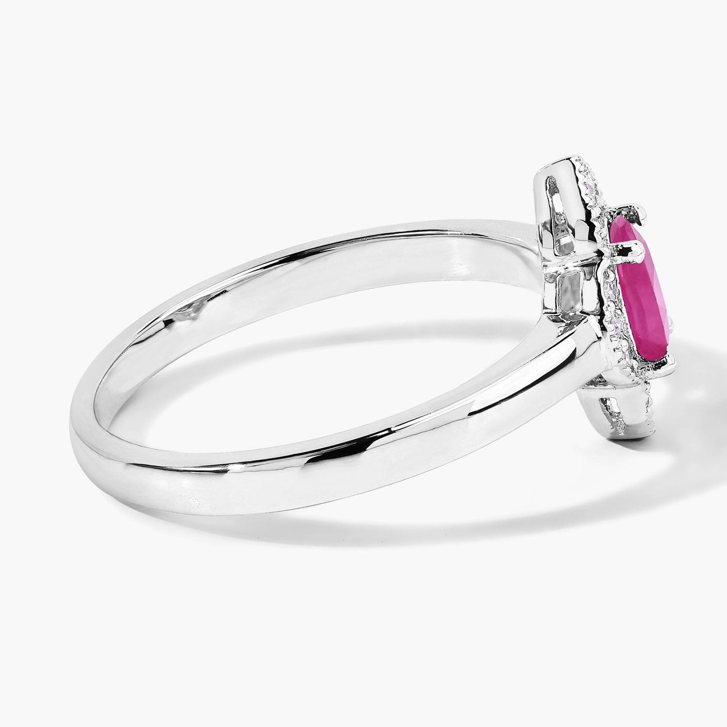 0.52 Ct Oval Pink Mozambique Ruby & Lab Diamond Prong Silver Floral Halo Ring