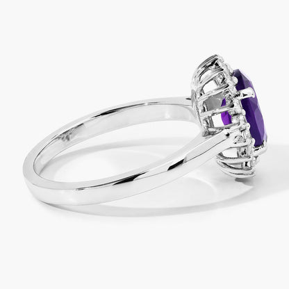1.60 Ct Oval Purple Amethyst and Lab Diamond Prong Silver Halo Ring
