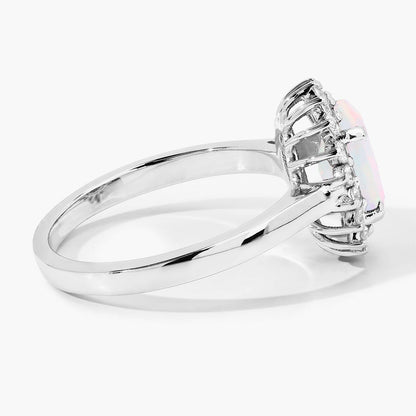 0.90 Ct Oval White Ethiopian Opal and Lab Diamond Prong Silver Halo Ring