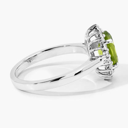 1.70 Ct Oval Green Peridot and Lab Diamond Prong Silver Halo Ring