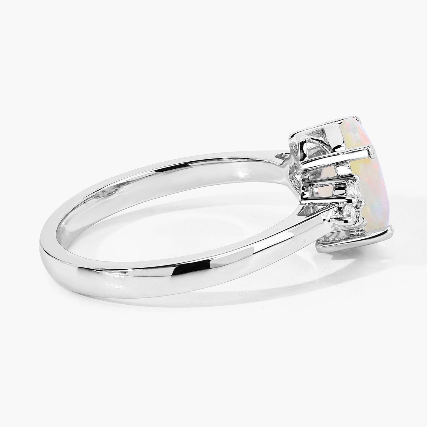 0.90 Ct Oval White Ethiopian Opal and Lab Diamond Prong Silver Cocktail Ring