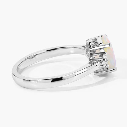 0.90 Ct Oval White Ethiopian Opal and Lab Diamond Prong Silver Cocktail Ring
