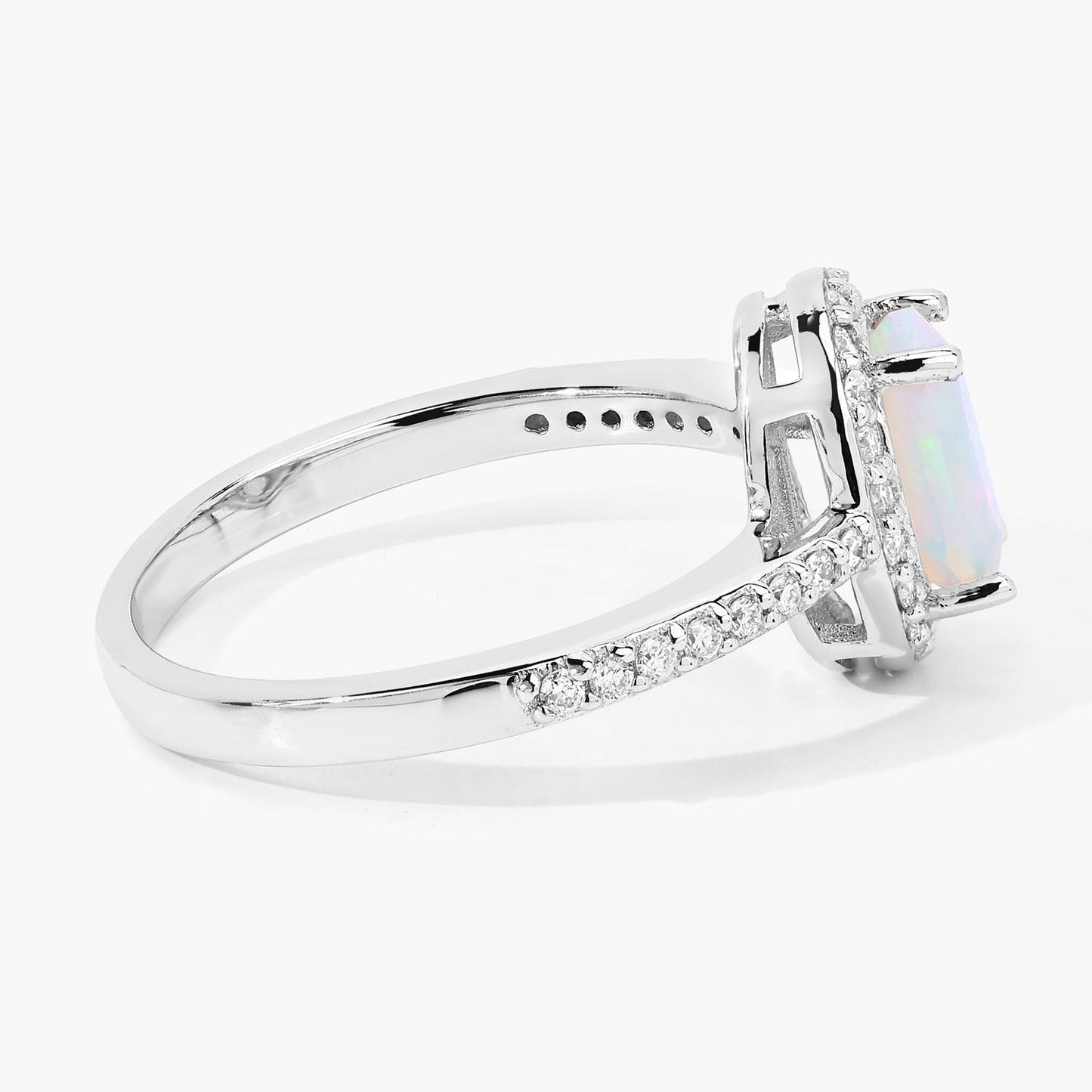 0.65 Ct Oval White Ethiopian Opal and Lab Diamond Prong Silver Halo Pave Ring