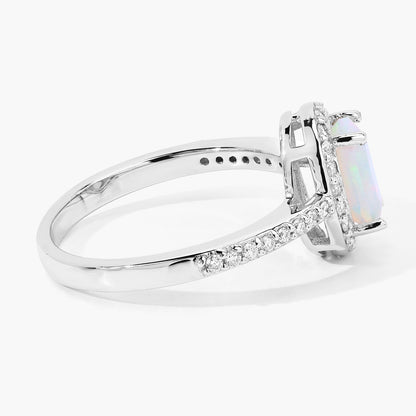 0.65 Ct Oval White Ethiopian Opal and Lab Diamond Prong Silver Halo Pave Ring
