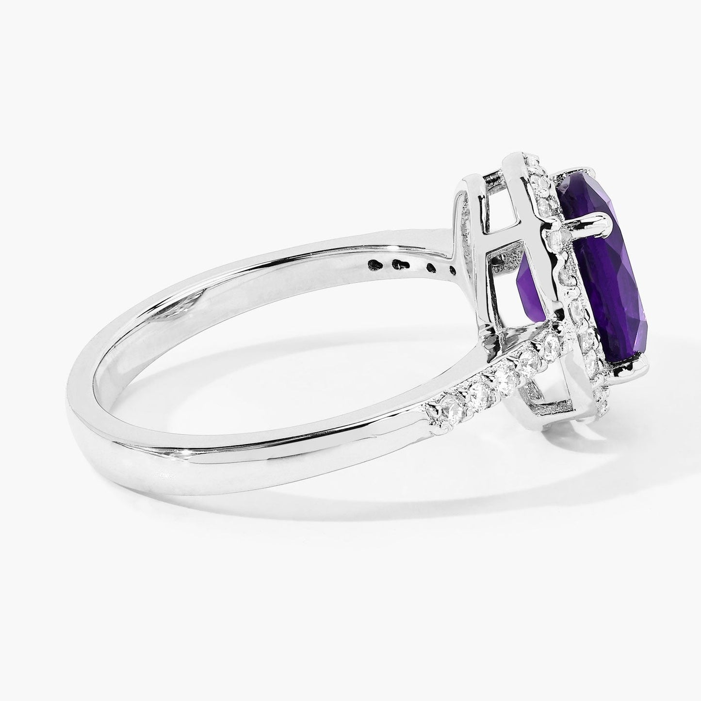 1.60 Ct Oval Purple Amethyst and Lab Diamond Prong Silver Halo Pave Ring